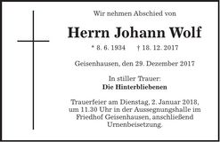 Traueranzeige Johann Wolf