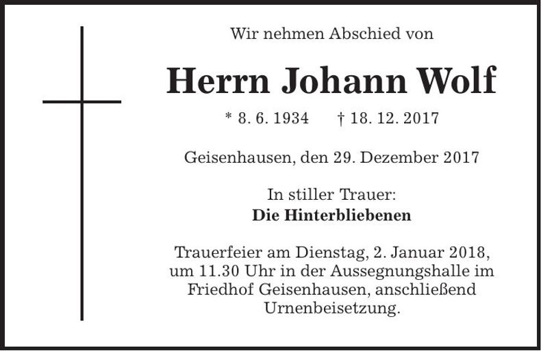 Traueranzeige Johann Wolf