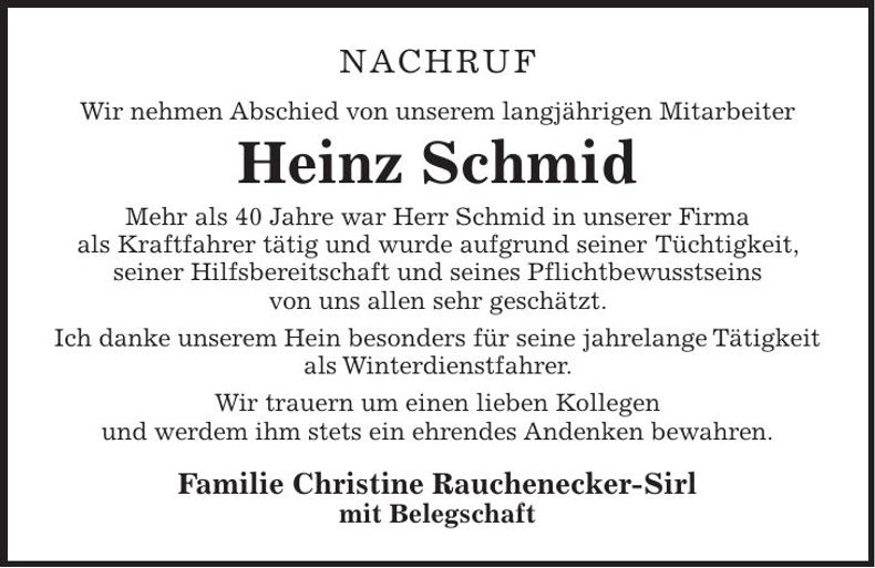 Traueranzeige Heinz Schmid