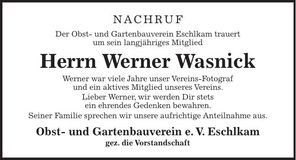 Traueranzeige Werner Wasnick