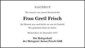 Traueranzeige Gretl Frisch