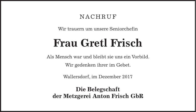 Traueranzeige Gretl Frisch