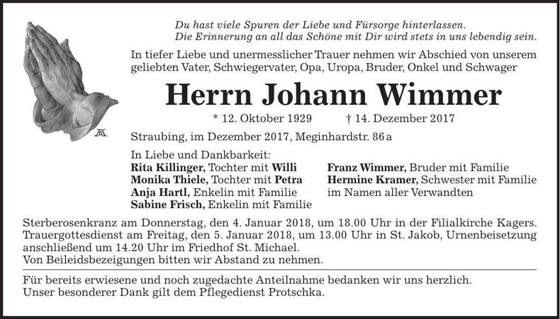 Traueranzeige Johann Wimmer