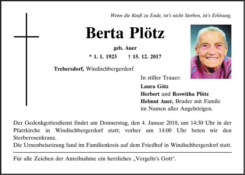 Traueranzeige Berta Plötz