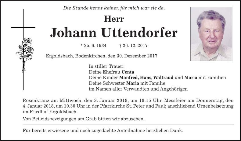Traueranzeige Johann Uttendorfer