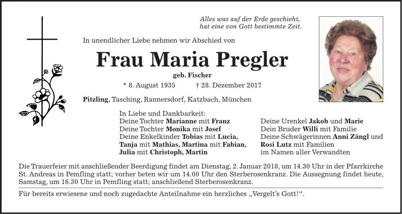 Traueranzeige Maria Pregler