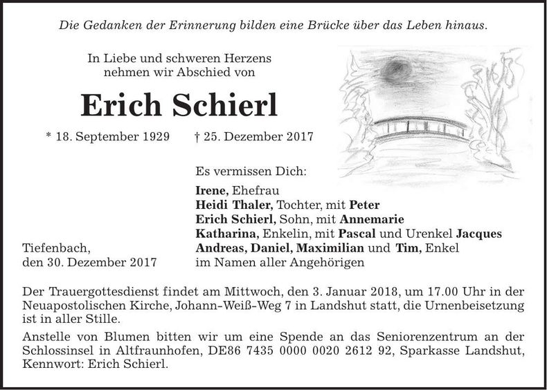 Traueranzeige Erich Schierl