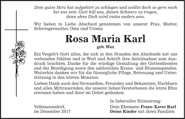 Traueranzeige Rosa Mria Karl