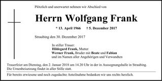 Traueranzeige Wolfgang Frank