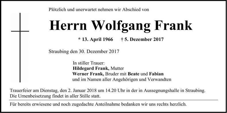 Traueranzeige Wolfgang Frank