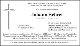 Traueranzeige Johann Schrei