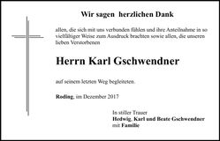 Traueranzeige Karl Gschwendner