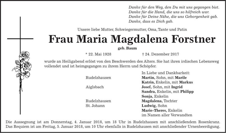 Traueranzeige Magdalena Forstner