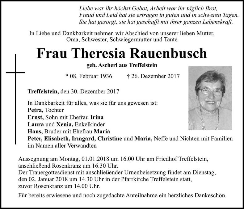 Traueranzeige Theresia Rauenbusch