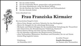 Traueranzeige Franziska Kirmaier