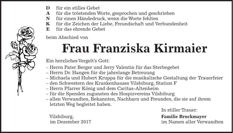 Traueranzeige Franziska Kirmaier