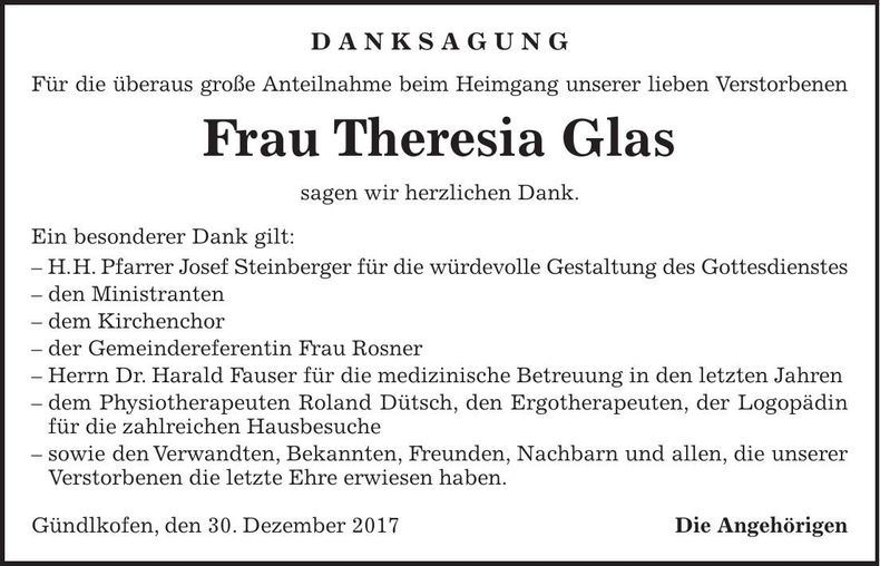 Traueranzeige Theresia Glas