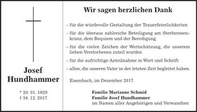 Traueranzeige Josef Hundhammer