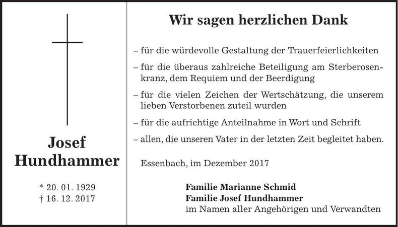 Traueranzeige Josef Hundhammer