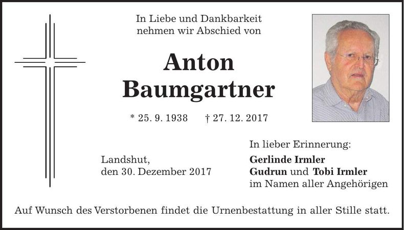 Traueranzeige Anton Baumgartner