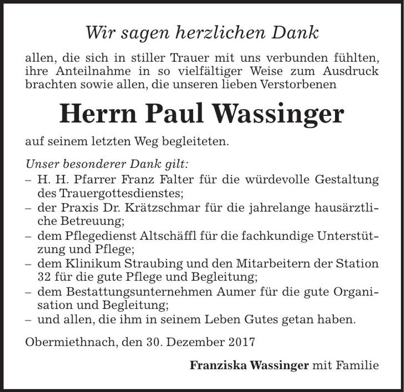 Traueranzeige Paul Wassinger