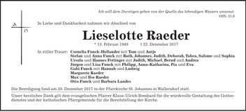 Traueranzeige Lieselotte Raeder