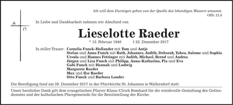 Traueranzeige Lieselotte Raeder