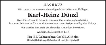 Traueranzeige Karl-Heinz Dünzl