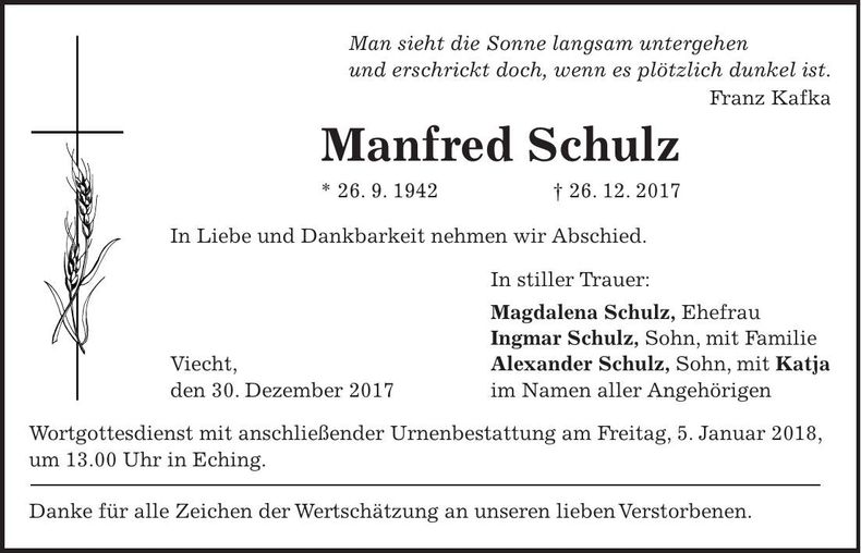 Traueranzeige Manfred Schulz