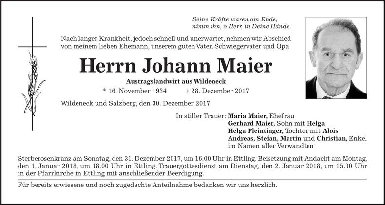 Traueranzeige Johann Maier