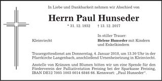 Traueranzeige Paul Hunseder