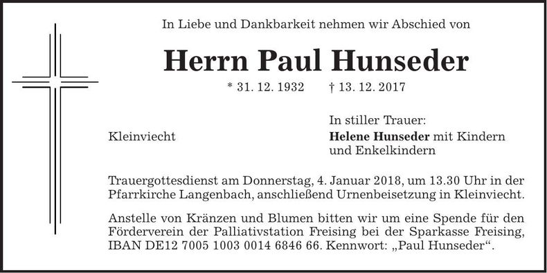 Traueranzeige Paul Hunseder