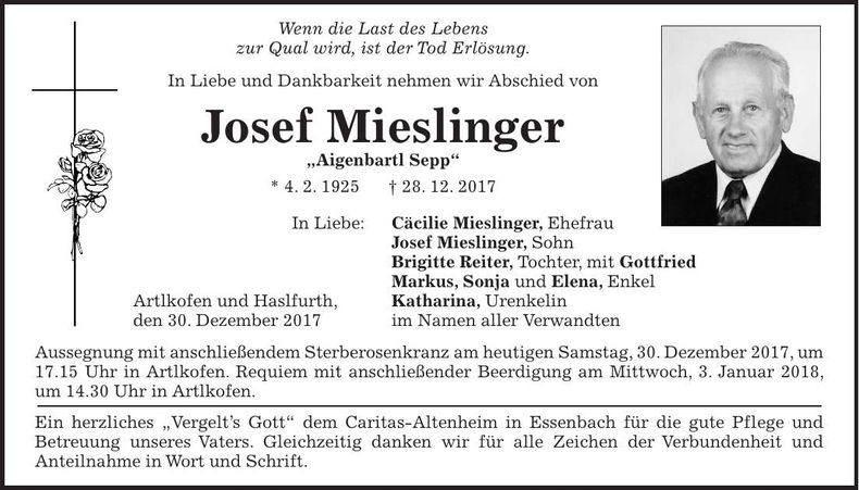 Traueranzeige Josef Mieslinger