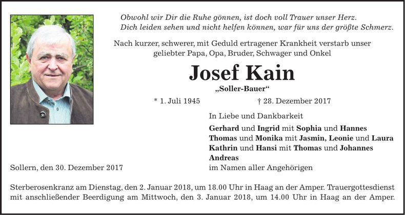 Traueranzeige Josef Kain