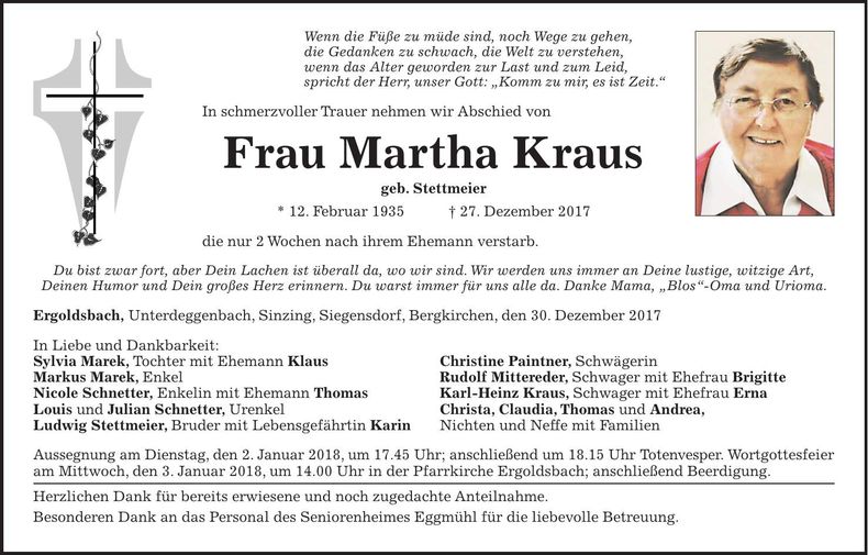 Traueranzeige Martha Kraus