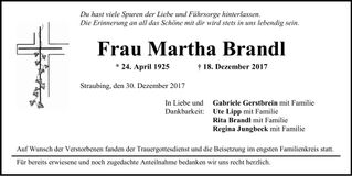 Traueranzeige Martha Brandl