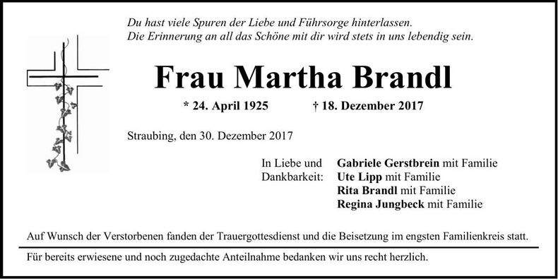 Traueranzeige Martha Brandl