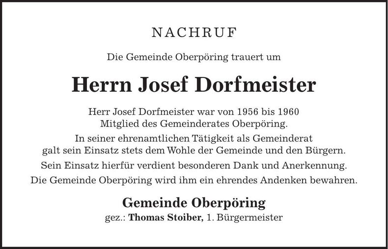 Traueranzeige Dorfmeister Josef
