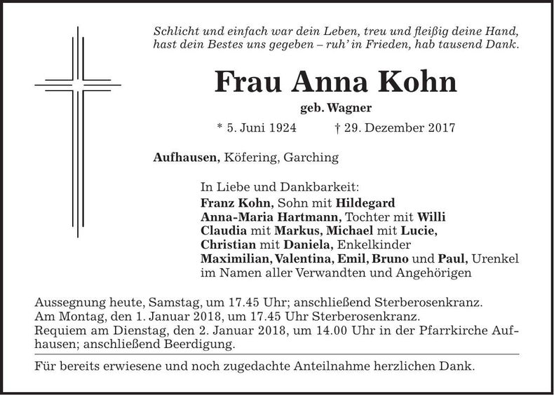 Traueranzeige Anna Kohn