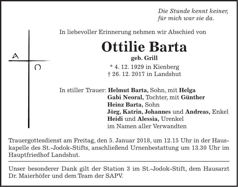 Traueranzeige Ottilie Barta