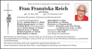 Traueranzeige Franziska Reich