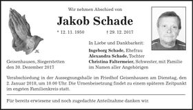 Traueranzeige Jakob Schade