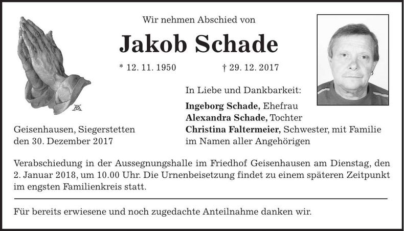 Traueranzeige Jakob Schade