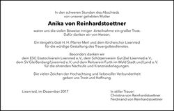 Traueranzeige Anika von Reinhardstoettner