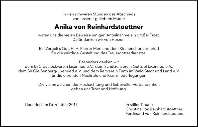 Traueranzeige Anika von Reinhardstoettner