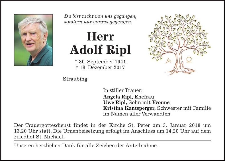 Traueranzeige Adolf Ripl