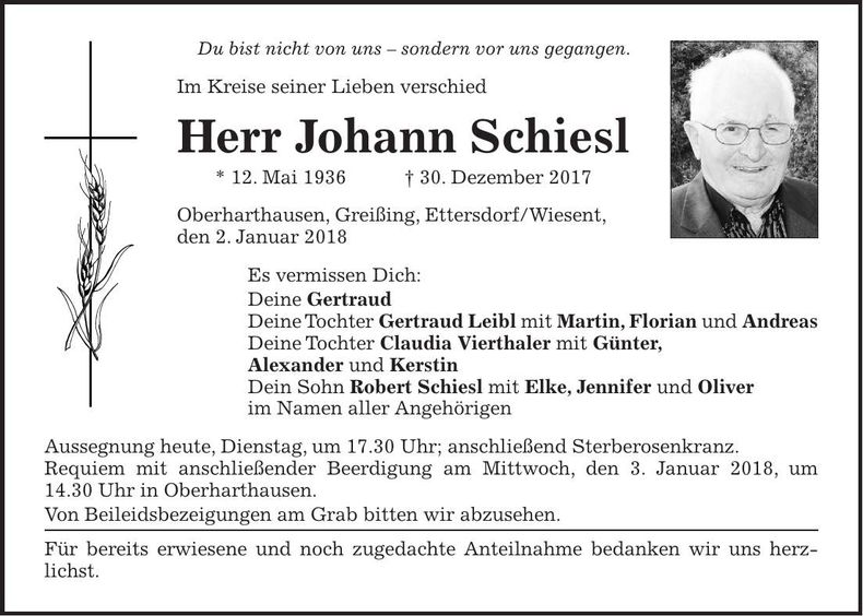 Traueranzeige Johann Schiesl