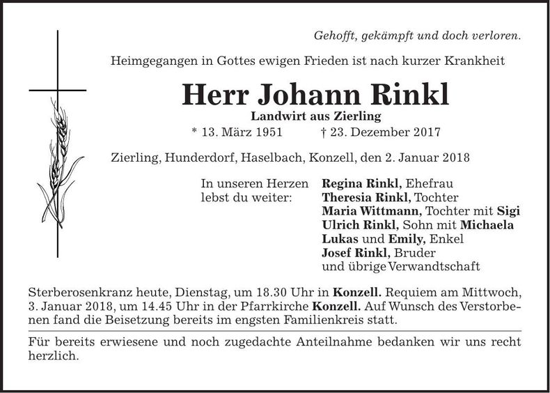 Traueranzeige Johann Rinkl