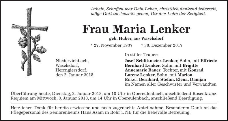 Traueranzeige Maria Lenker