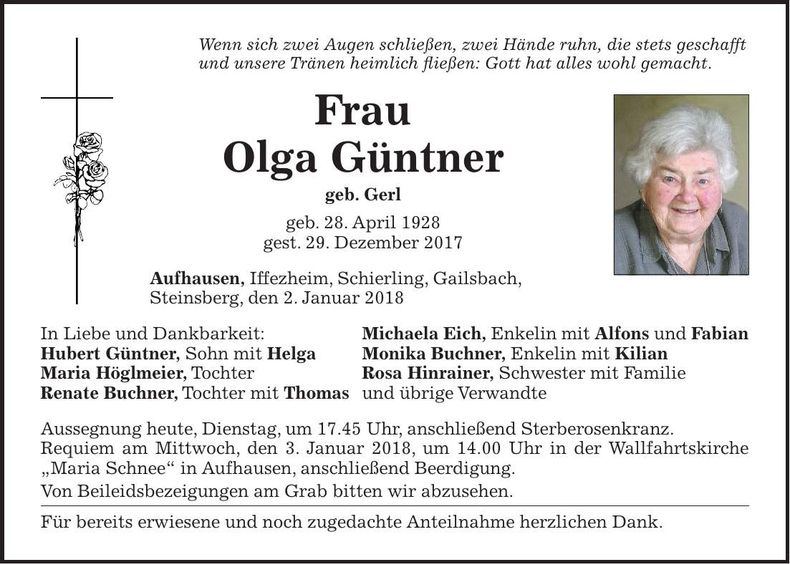 Traueranzeige Olga Güntner